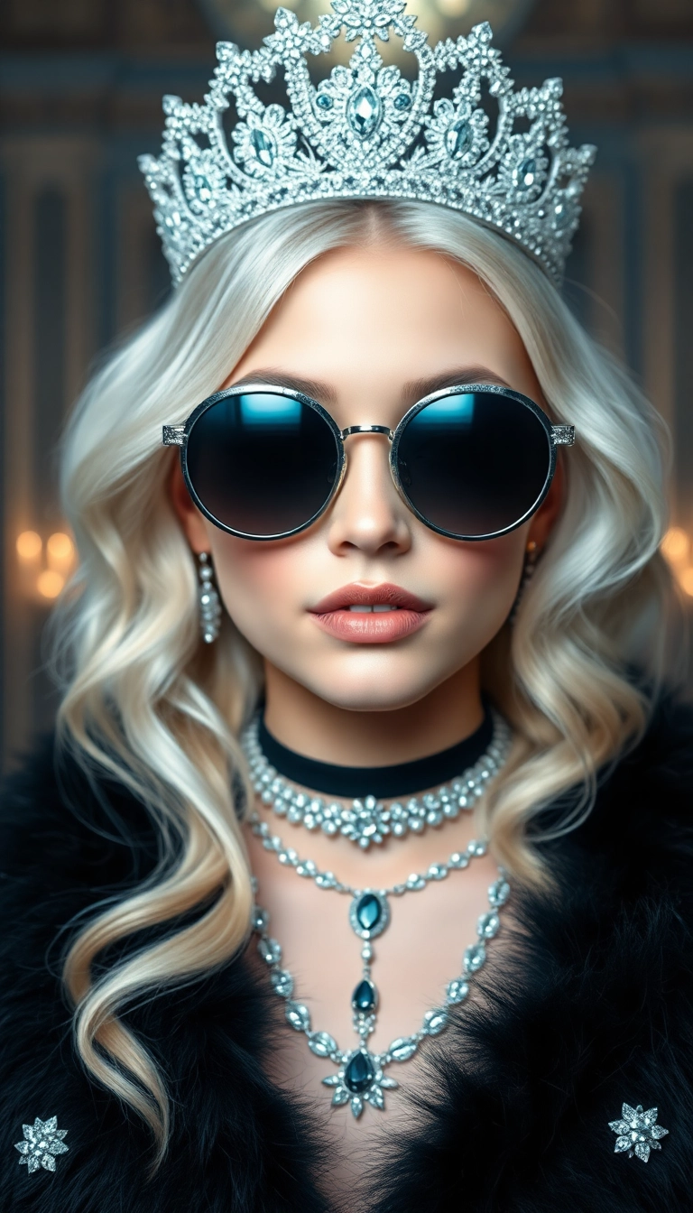 iPhone AI Young Platinum Blonde Queen in Black Fur Luxury Wallpaper Photo